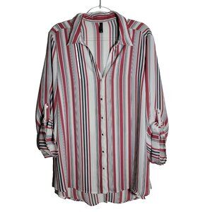 Massini Striped Tunic Top Plus Size 2X Tab Sleeves Split Back‎ Button Up Pink